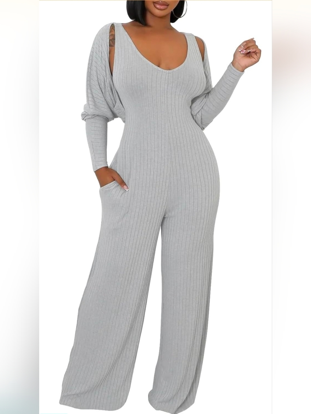 NWOT- 2 Piece Wide Leg Ribbed Knit Jumpsuit With Crop Cardigan
